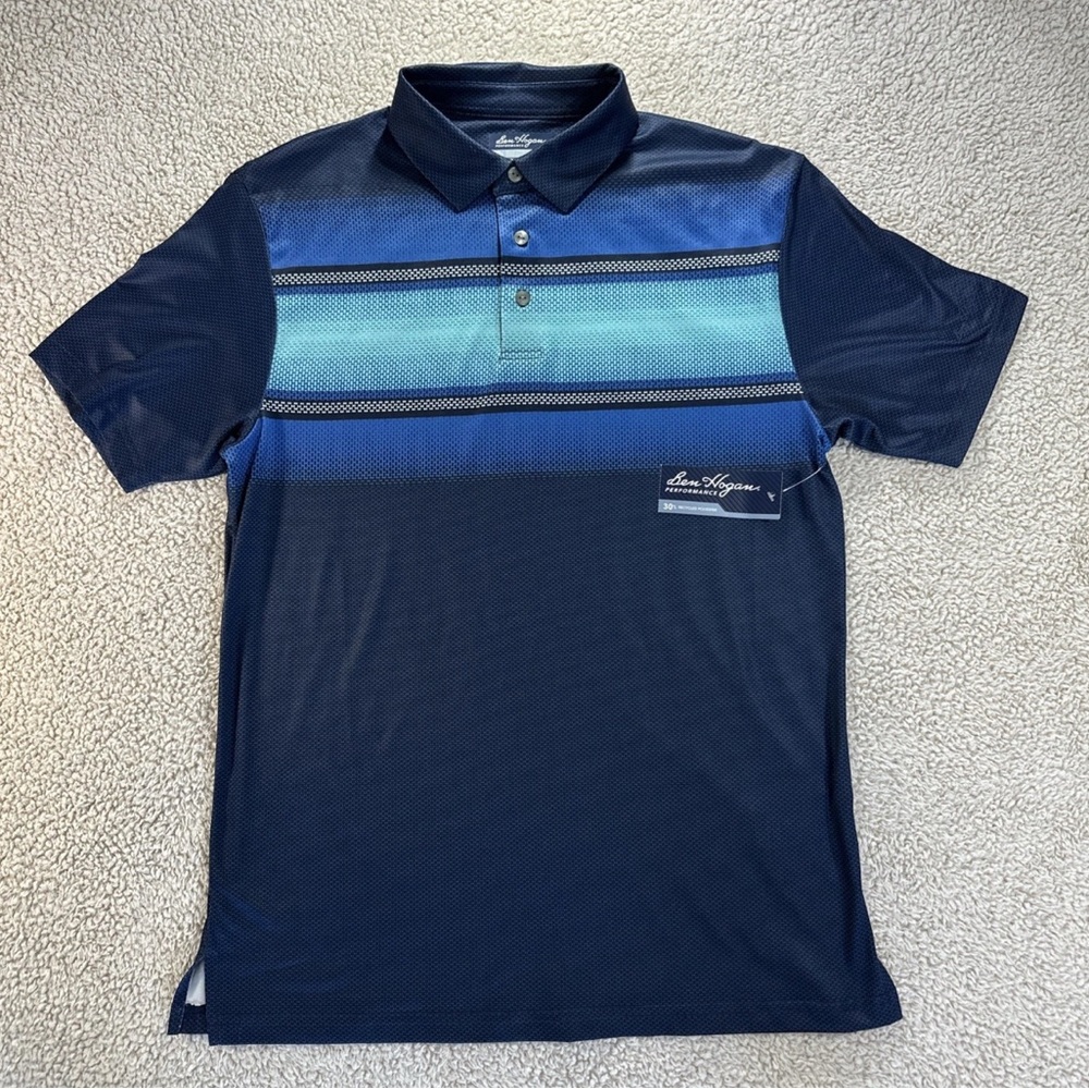 NWT Small Mens Ben Hogan Blue Peacoat Stripe Short Sleeve‎ Performance Polo